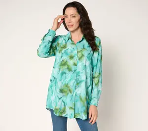 Susan Graver Printed Petite Textured Woven Button Front Duster