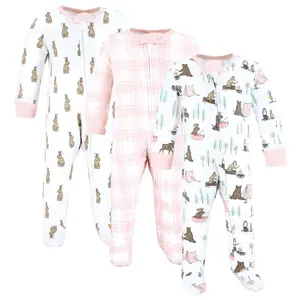 Touched by Nature Baby Girls Organic Cotton Sleep and Play, Pink Camping Animals, Preemie