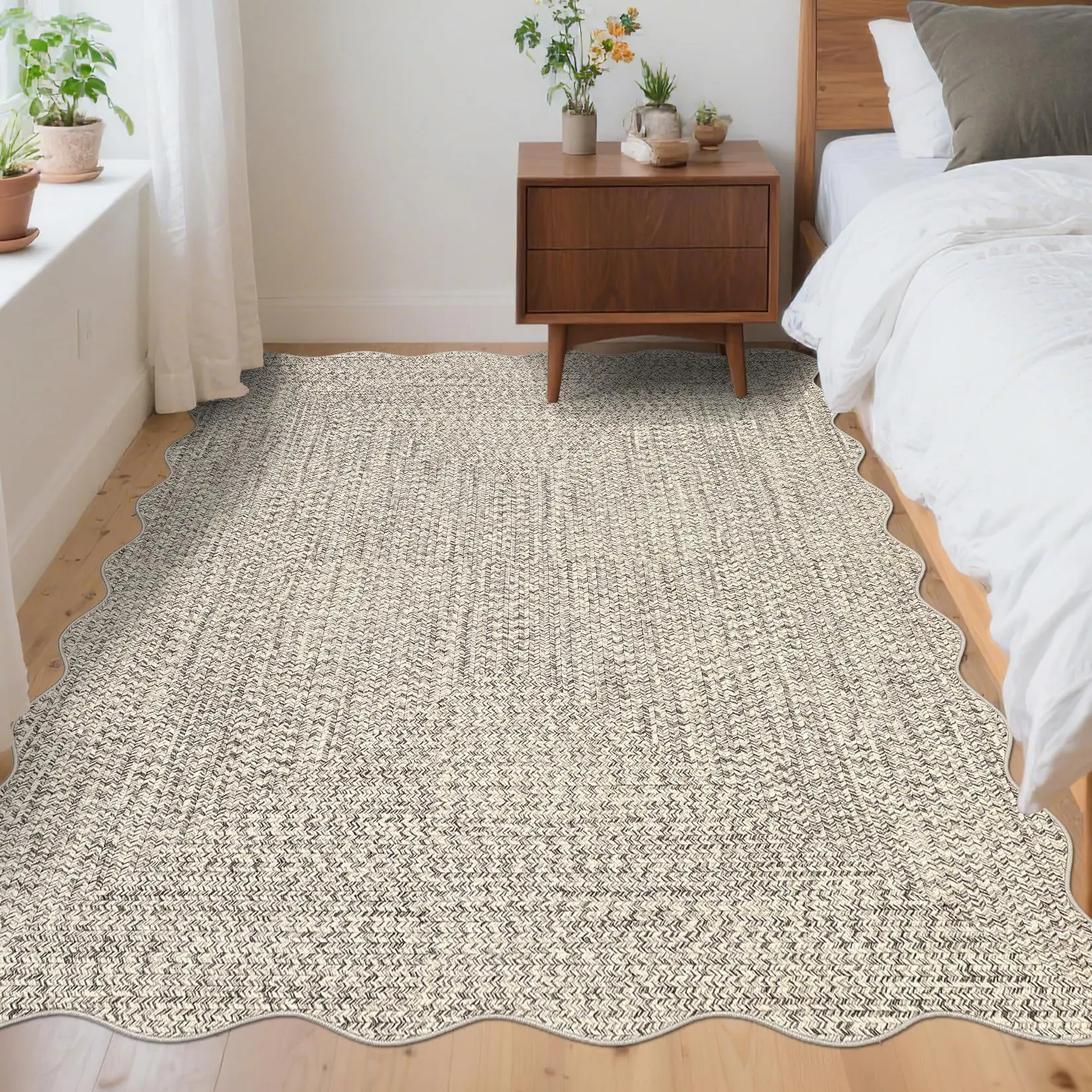 Braided Collection Area Rug 5x7 Modern Washable Rug Vintage Scalloped Country Cottage Floor Cover Low Pile Non Slip Indoor Aesthetic Throw Carpet for Living Room Bedroom Nursery Scalloped Beige