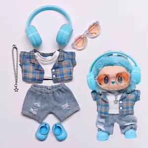 labu-bu Outfit Set,dolls clothes– Stylish Blue Plaid Shirt & Distressed Ripped Jeans | Fits 7-inch Standard Dolls | Collectible Dolls | Cute & Trendy Doll Wardrobe