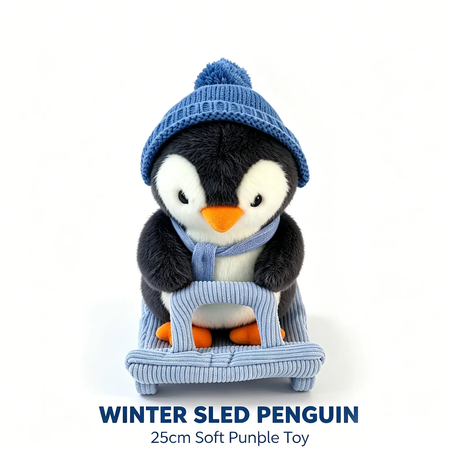 Cute Sled Penguin Plush Toy with Knit Hat & Scarf, Soft Stuffed Animal Doll Birthday Xmas Gift for Kids Toddlers