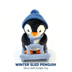 Cute Sled Penguin Plush Toy with Knit Hat & Scarf, Soft Stuffed Animal Doll Birthday Xmas Gift for Kids Toddlers