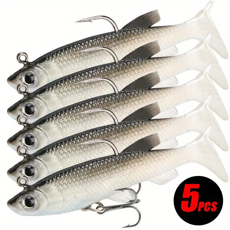 5pcs Soft Fishing Lures, Topwater Fishing Lure, Herring Minnow Swimbaits, Pre-Assembled Lead Head Hooks, Suitable for Bass Trout Sunfish, Freshwater Saltwater, Largemouth Bass Lure, Artificial Lures, Topwater Fishing Equipment, Fishing Gear