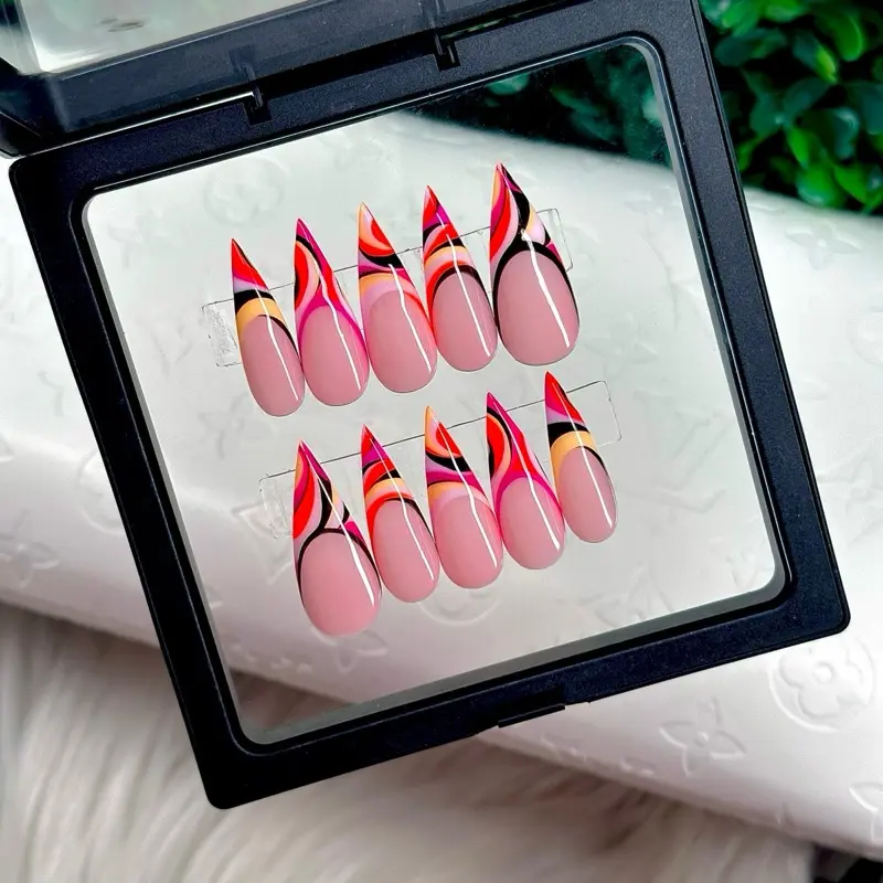 ACRYLIC Summer Pucci French Tip Swirl High Quality Custom Acrylic Press On Nails Short Medium Long Square Almond Stiletto Coffin