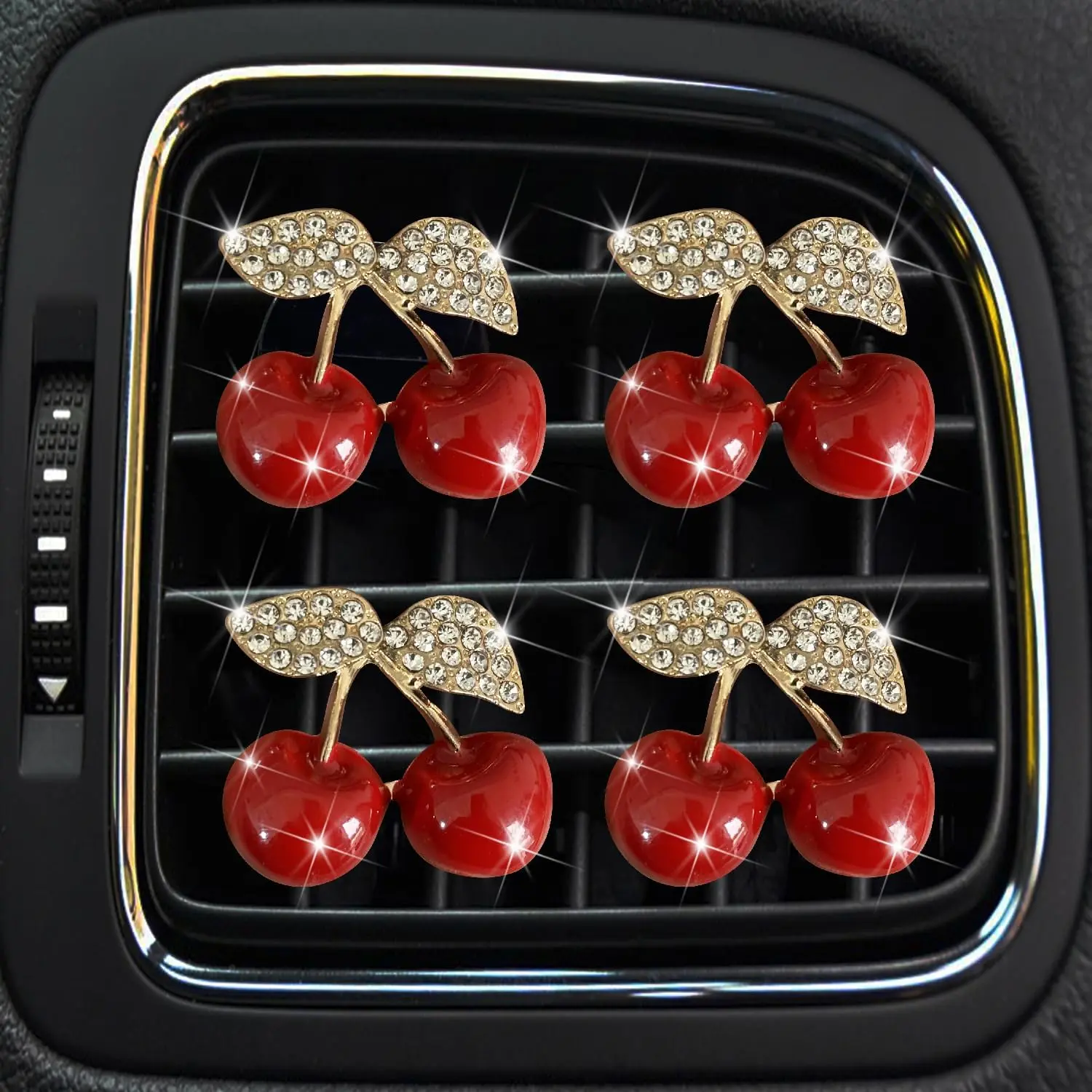 4Pcs Plastic Cherry Car Fragrance Set - Rhinestones AC Vent Mount Perfume Clip, Fruity Decor-Enhancing Freshener Device (None Additional Accessories)