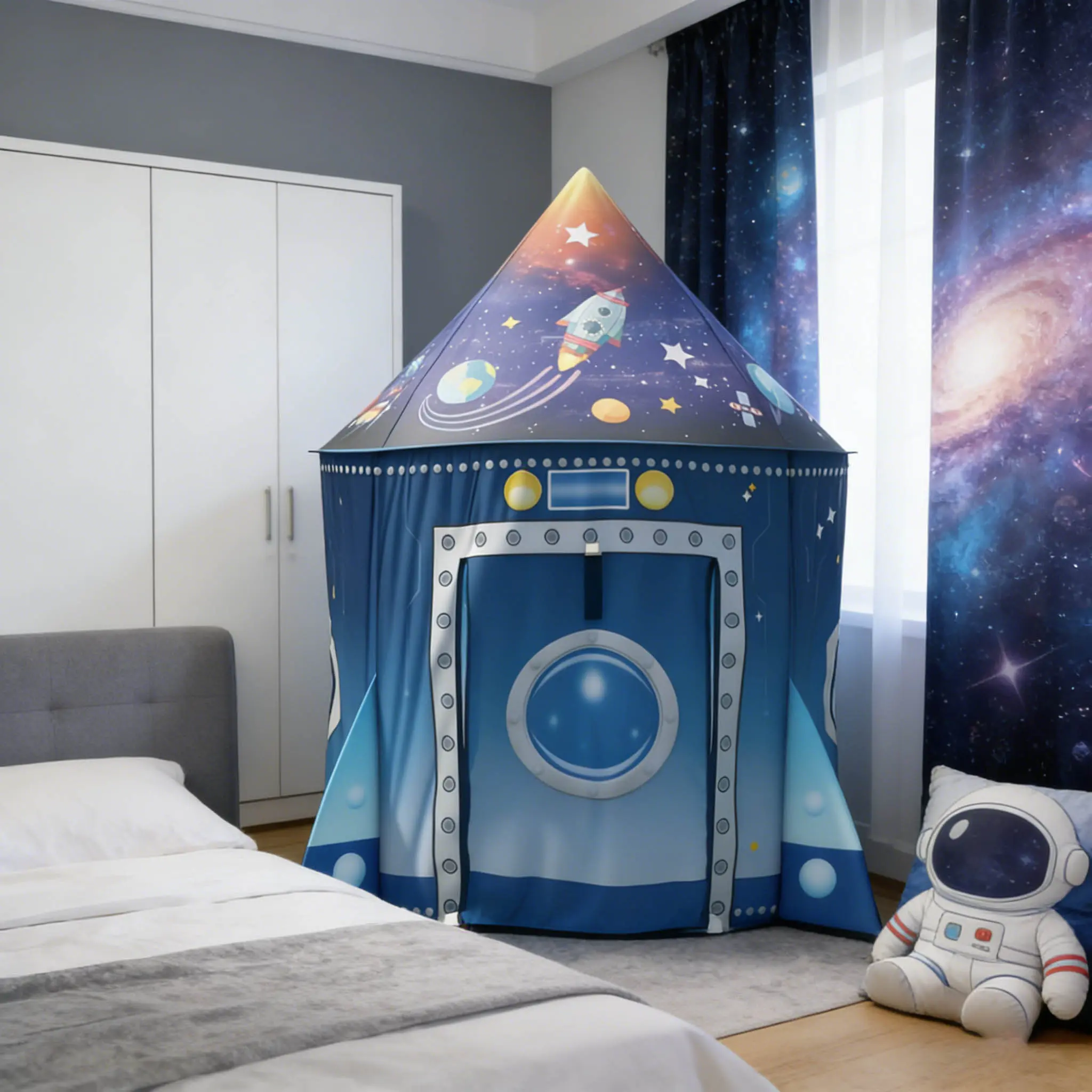 Kids' Space Theme Rocket-Shaped Foldable Non-Fabric Tent - Unisex, Breathable, Portable, Easy Storage, Ideal for Indoor Active Play & Outdoor Kids' Use