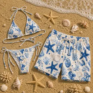 Ocean Shell & Starfish Print Bikini and Shorts Set, Summer Beachwear Inspired by Coastal Vibes, Tropical Sea Life Patterns, Relaxed Vacation Style