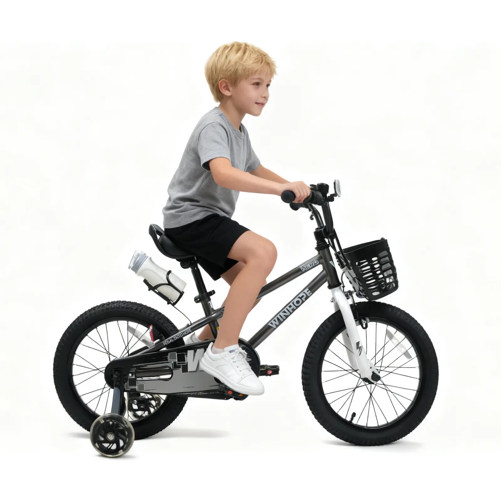 WINHOPE Hero Kids’ Bike (Training Wheels Bikes for Ages 2–9) | 12–18-in Models with Light-Up Auxiliary Wheels, Front Basket, Water Bottle Holder, Dual Brakes, Adjustable Seat & Handlebars | 95% Preassembled, Bpa Free