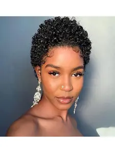 Wool curl short wig, real human hair, fluffy curly wig, Afro Curly Wigs, Afro Kinky Wigs, pixie cut wig, real human hair, 150% density, no lace forehead, black wig