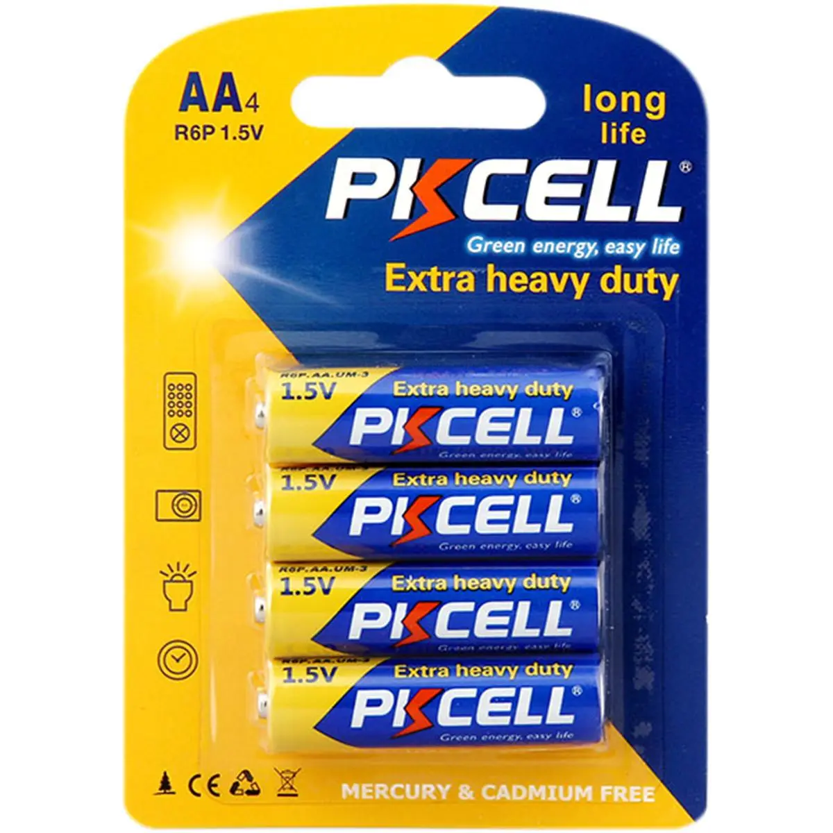 Pkcell Extra Heavy Duty AA Batteries, 60-Pack R6P Zinc Carbon 1.5V, Long Life Power for Remote Controls and Outdoor Cycling Gear, 1.5 V
