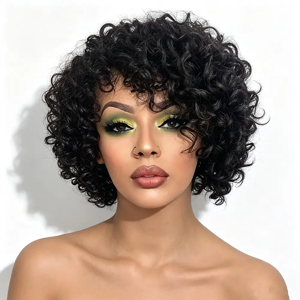 Vintage Short Hair Wig, 100% Human Hair, Fashion Curly Elf Wig with Bangs, Natural Texture, Perfect for Women, Non-Shedding, Ready to Wear, Kinky Curly Wig