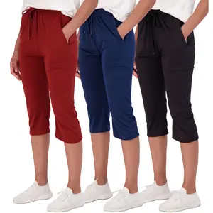 Real Essentials 3-Pack: Women's Capri Open Bottom Soft Sweatpants with Drawstring (Available in Plus Size)