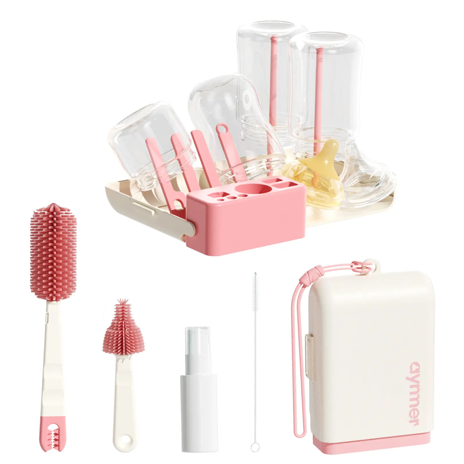 9-in-1 Compact Waterproof Baby Bottle Cleaners Set, BPA-Free Portable Silicone Kit with Drying Rack, Storage Bag, Soft Bristle Cleaner, 1 Portable Silicone Strap for Newborns, Traveling Use