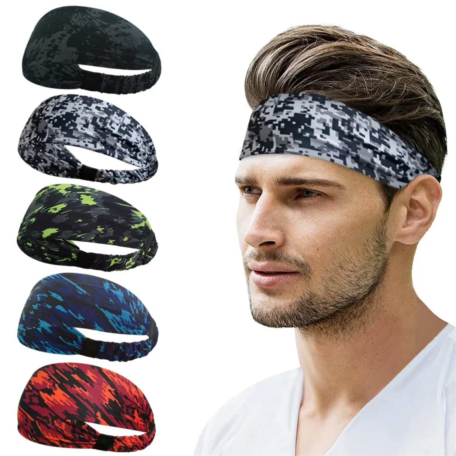 5 Pieces Running Headbands, Moisture Wicking Non-Slip Wide Elastic Sweatbands, Athletic Workout Sports Headbands for Men & Women, Running Cycling Basketball