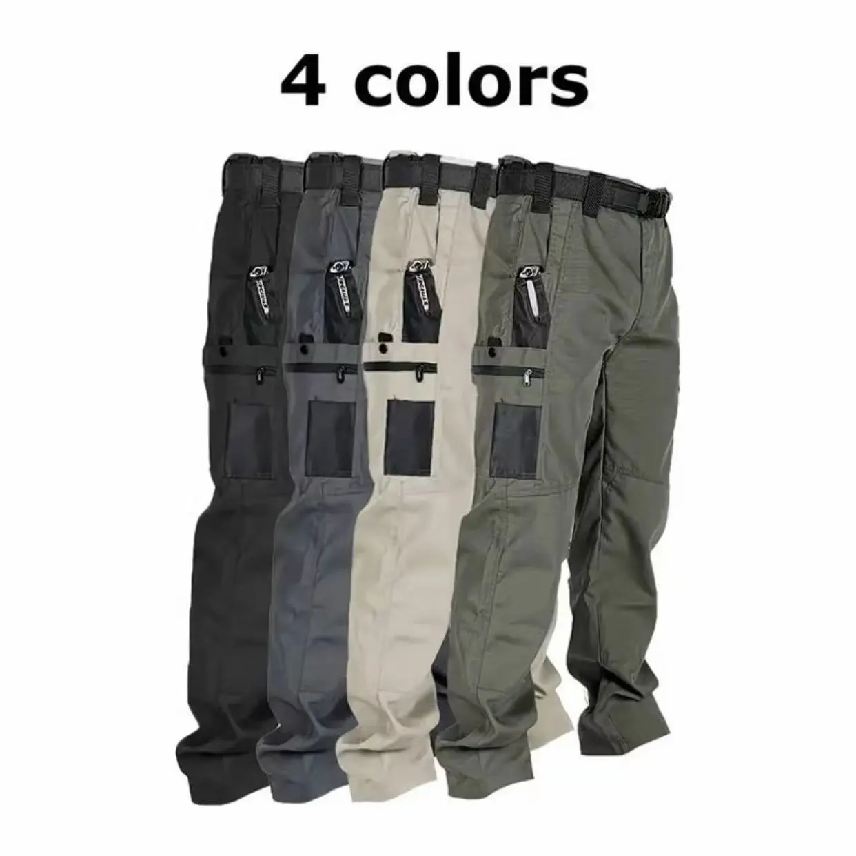 Men's 4-Pack Long Tactical Cargo Pants - Casual Fitted Cut, Fitted Mid-Waist Polyester, Elastic Waistband, 10-Pockets, Breathable, Colorblock/Solid, All Seasons, Below Ankle, Outdoor, Ideal for Construction Workers, Machine Wash, Solid Plain