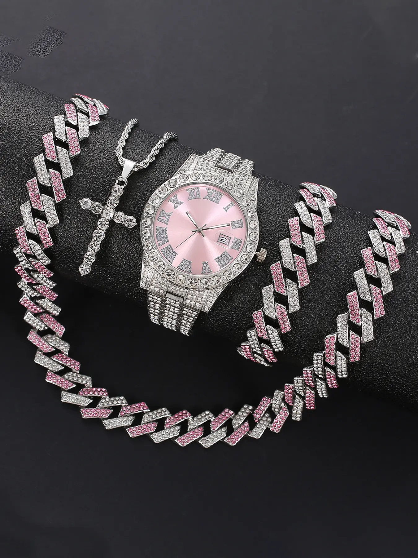 Women's Pink Quartz Jewelry Watch Set, Accessory Set, With Silver & Pink Color Dial, Alloy Chain Business Style, Includes Necklace Bracelet, Best Gift Choice For Black Friday Deal
