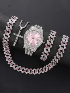 Women's Pink Quartz Watch Set, With Silver & Pink Color Dial, Alloy Chain Business Style, Includes Necklace Bracelet, Best Gift Choice For Black Friday Deal