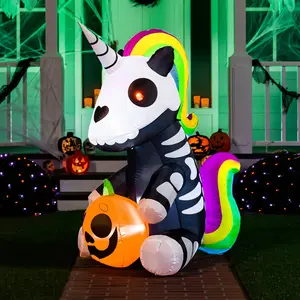 5 FT Halloween Inflatables Skeleton Decor Outdoor, Blow Up Decorations Sitting Skeleton Unicorn with LEDs for Halloween Decorations Outside, Yard Decor Ornaments Lightweight