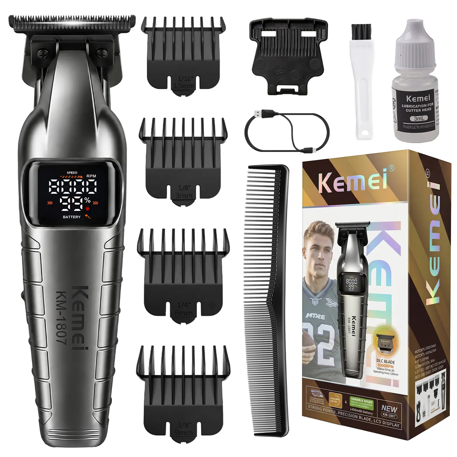 KEMEI 1807 Cordless Hair Trimmer for Men, Zero-Gap DLC T-Blade Beard Trimmer, 2-Speed Motor, LED Display, USB-C Rechargeable with 4 Guide Combs, Ideal Gift for Men
