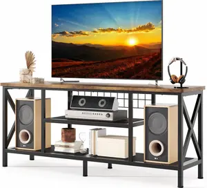 GIZOON 59.8" Industrial Modern TV Stand - 55-65 Inch TV Console Cabinet with 3-Tier Open Shelves, Rustic Brown Metal Frame Media Center, Living Room Sofa Table