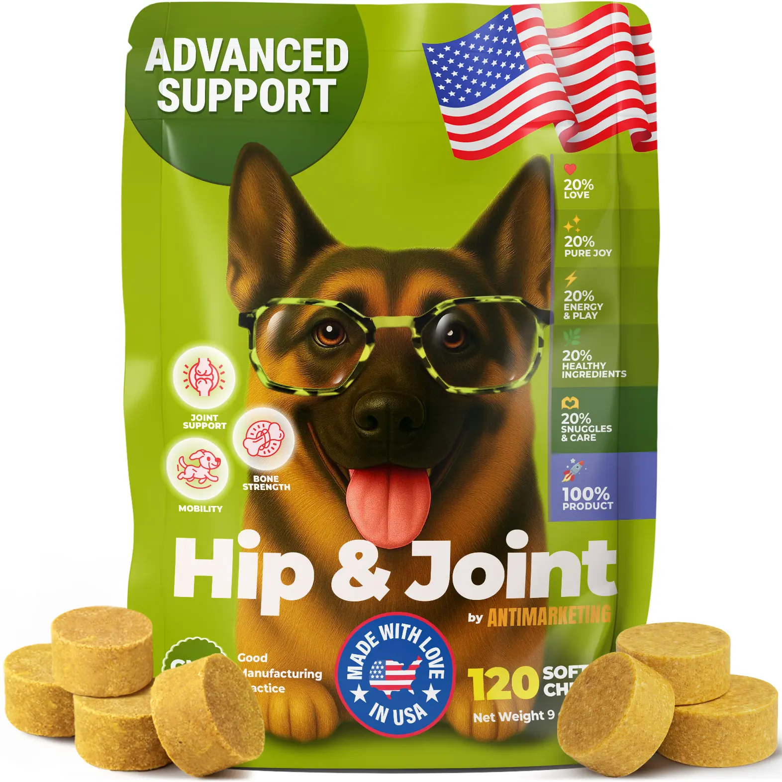 Hip & Joint Support Soft Chews for Dogs | Gluten Free, Joint Support, Improved Mobility, Bone Strength, Digestive Support, Immune Support | 120 chews | Beef Flavor | Made with Love in USA | Antimarketing Lab
