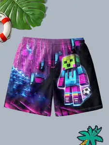 Cyber Pixel Character Football Print Beach Shorts, Gradient Cool Summer Casual Short Pants, Fitted Boxers Trunks