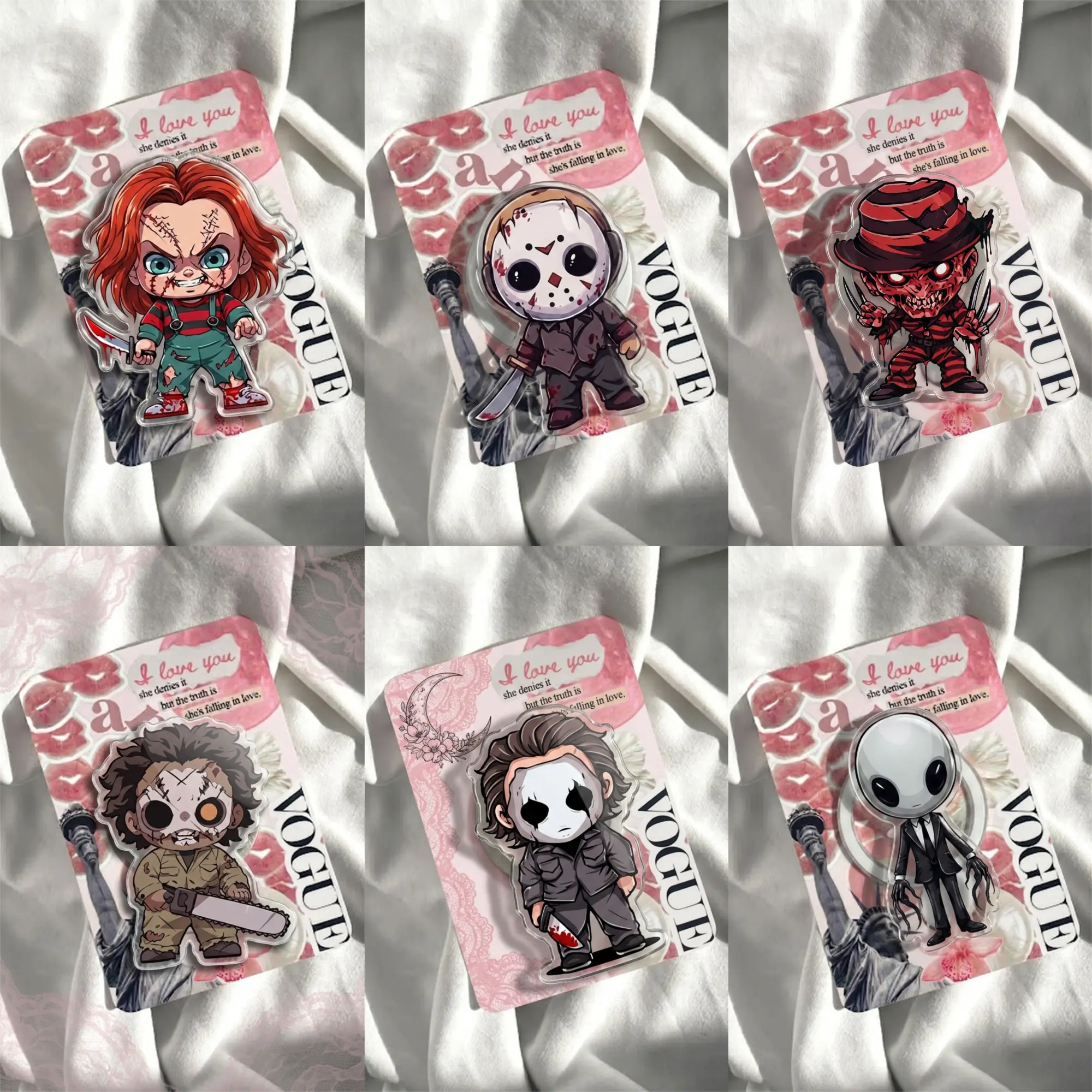Chibi Horror Phone Grip, Creepy Cute Acrylic Phone Holder and Stand, Spooky Movie Inspired Phone Accessory, Halloween Gift for Horror Fans