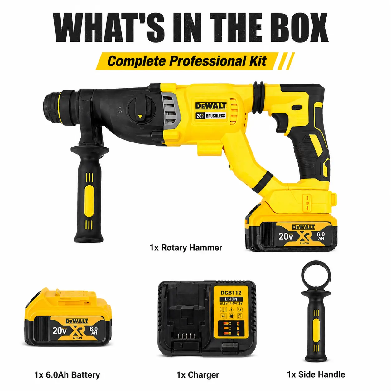DEWALT 20V MAX XR DCH263 1-1/8 in. SDS Plus Rotary Hammer Kit | Includes 6.0Ah Battery, Charger & Auxiliary Side Handle | 3.0 J Impact Energy, 4,300 BPM | Ideal for Concrete Anchoring & Rebar Doweling compact power tool