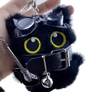 Goth Kitty Plush Keychain  | Punk Cat Charm w/ Goggles & Bell | Cute Bag Accessory