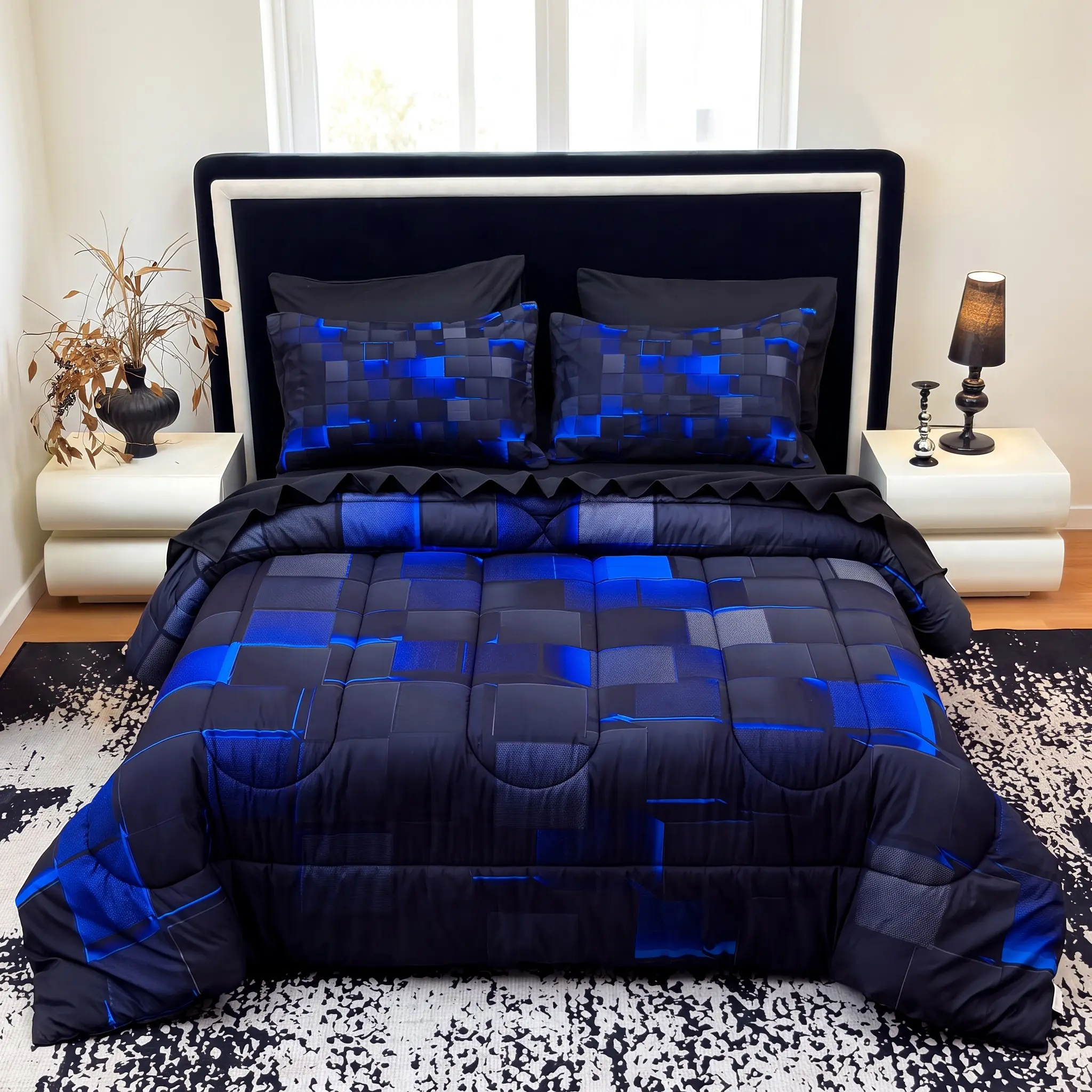 [Weekly Deal] 3/6/7Pcs Geometric Plaid Comforter Set – Modern Blue Cyber Grid Print, All Season Lightweight Bedding with fit Sheets, Soft Breathable Microfiber for Bedroom Dorm mid year sale