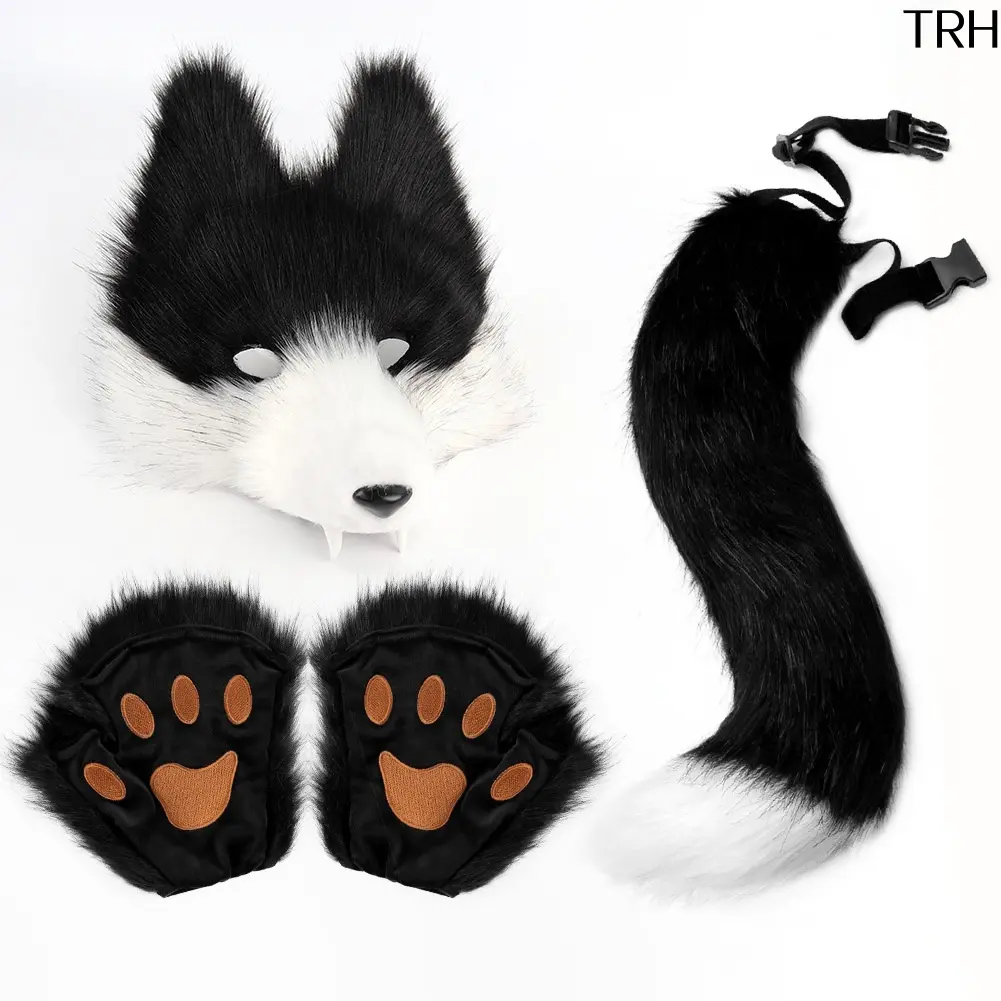 Plush Wolf Mask Costume Set - Soft Plush, Furry Look, Set Includes Adjustable Tail, Paw Gloves & Realistic Furry Animal Mask, Cosplay Fursuit Accessory for Halloween Carnival Party Wear