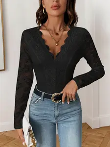 Women's Sexy Lace Patchwork Backless Long Sleeve V-Neck Ruffle Bodycon Jumpsuit, Fashionable and Comfortable One-Piece Bodysuits