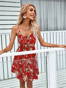 A women's elegant floral printed sleeveless pullover dress with elastic waist and spaghetti straps, suitable for summer, vacation, daily outings, an Casual Classy Dress