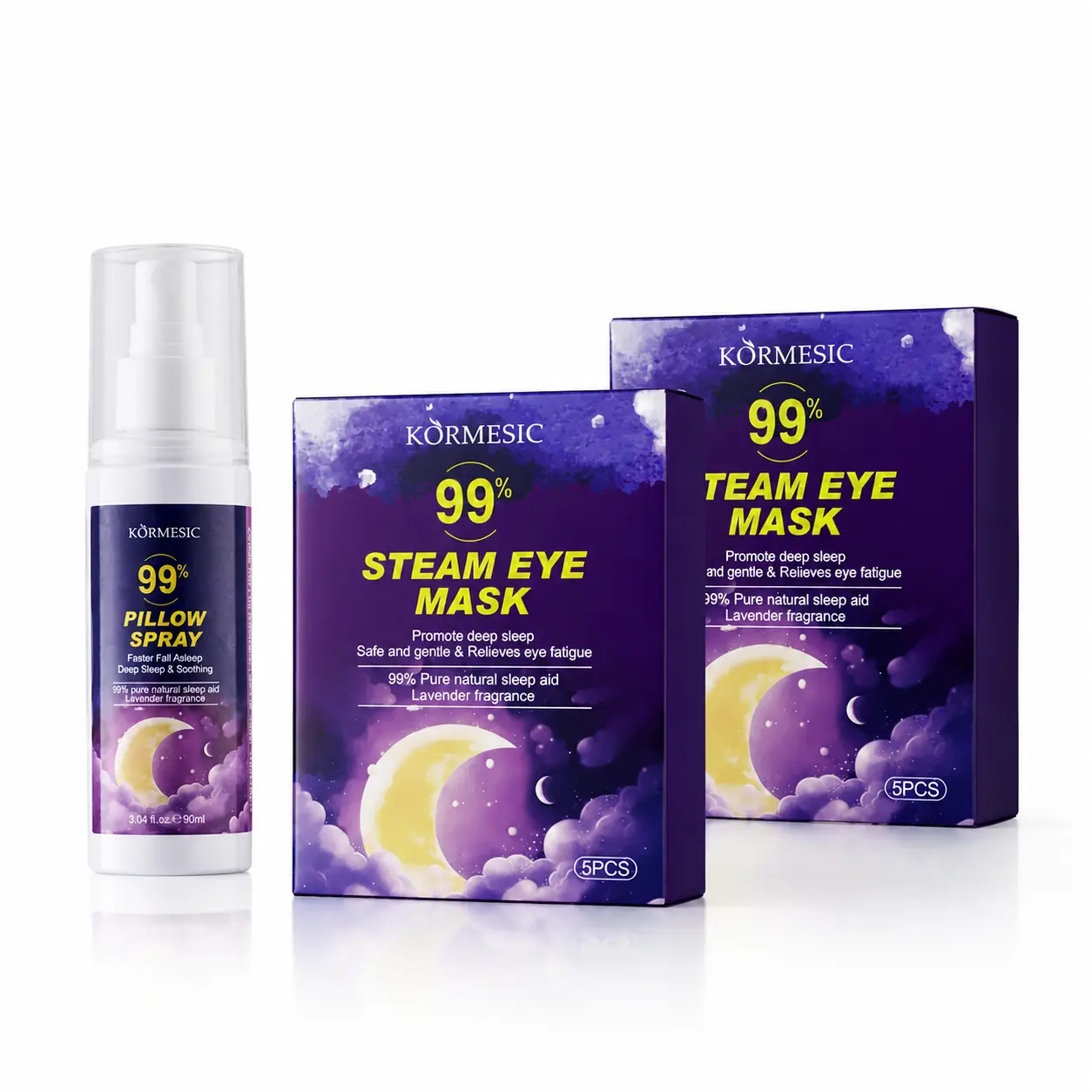 KORMESIC Lavender Bedtime Routine Set, 10 Count Steam Eye Masks with 90ml Pillow and Linen Spray, Warm Eye Comfort and Lavender Aroma Mist