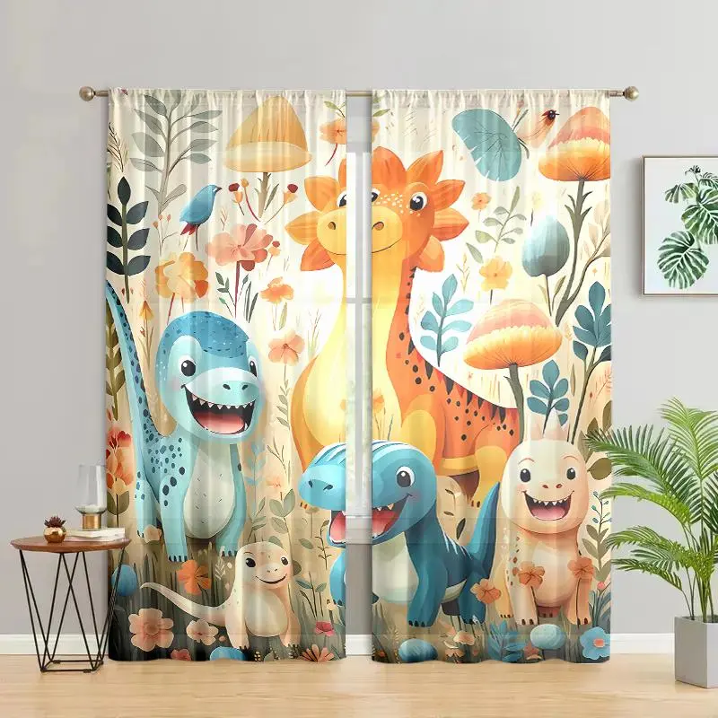 Cartoon Dinosaur Pattern Curtain, 2 Counts Cute Curtain, Easy To Hang Privacy Curtain for Home Living Room Bedroom Study Room, Room Decoration