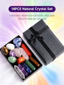 14 Piece Natural Crystal Gift Set, 7 Twin-Tip Crystal Sticks and 7 Polished Gems, Elegant Gift Box Packaging, Perfect for Crystal Lovers