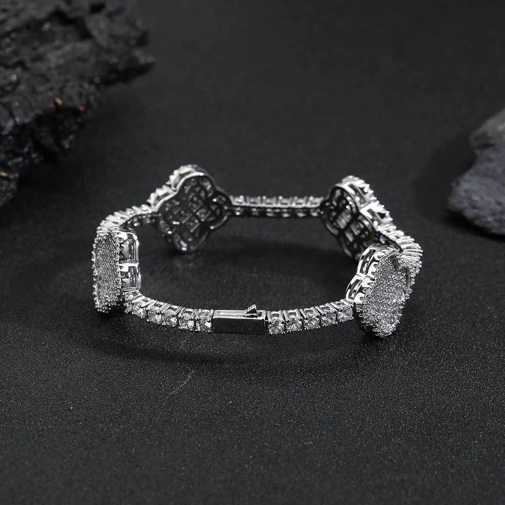 14mm Hip Hop Four-Leaf Clover 5A Zircon Tennis Chain - Wedding Anniversary Concert Everyday Bracelet Accessory - Unisex Thanksgiving, Christmas, Father's Day Gift - Everyday Gift