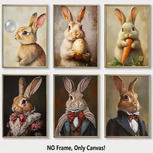 6 Count Unframed Canvas Posters, Cute Animal Rabbit Poster, Vintage Animal Decor, Easter Poster, Fashion Decoration, Modern Art Living Room