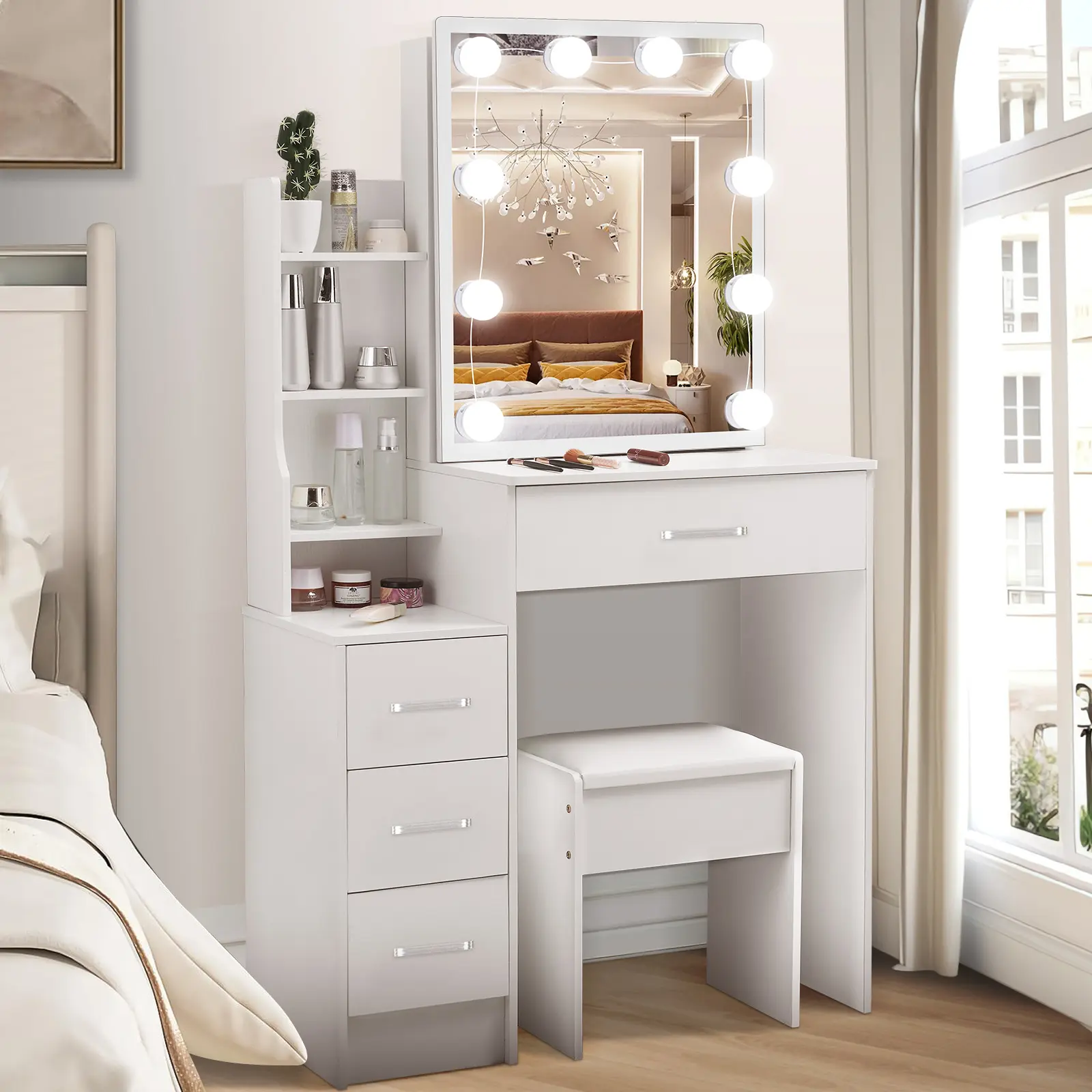 White Makeup Vanity Desk with Mirror and Lights, 10 LED Bulbs, 4 Drawers & Shelves, 3 Color Modes, Dressing Table Set with Stool