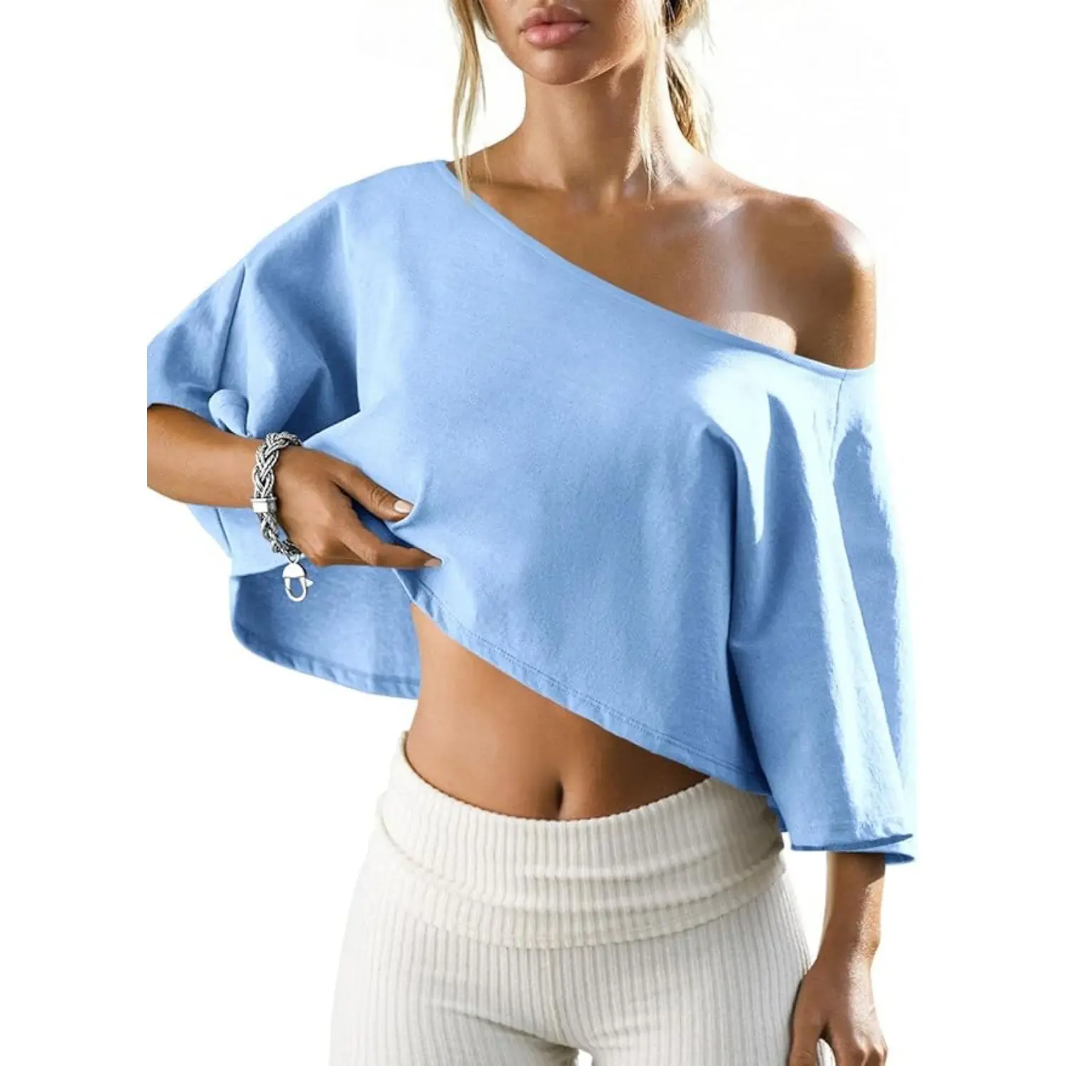 Fisoew Womens Cotton Off-Shoulder Crop Top Loose Batwing Sleeve Asymmetrical Neck Casual Tee for Summer Daily Wear & Loungewear Womenswear Women's Clothes, T Shirts,summerwins,summeroutfits,vacationoutfits,beachoutfits #Summerwins #DealsForYouDays