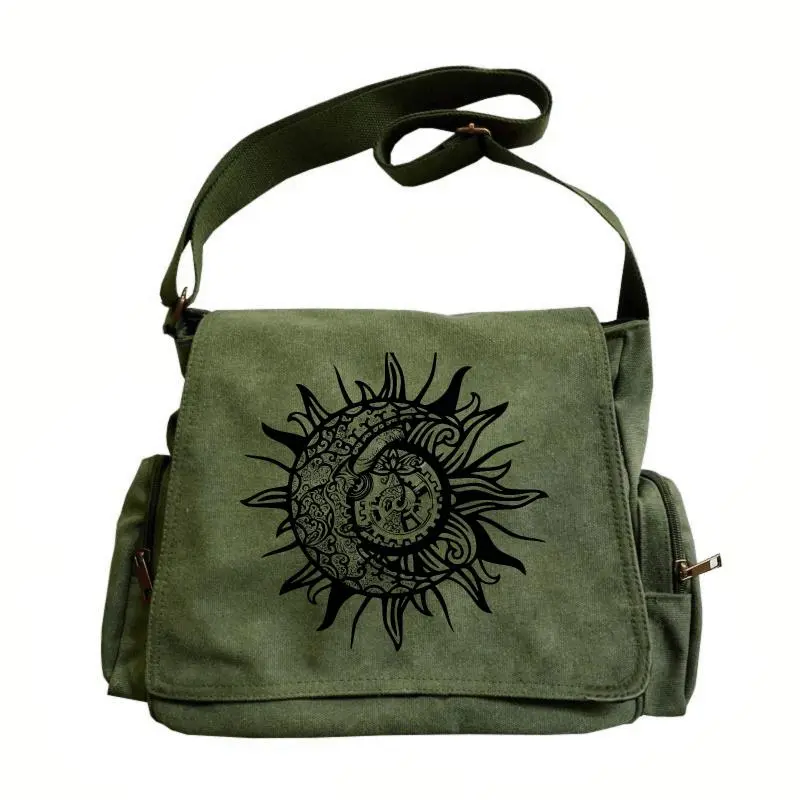 Large-capacity canvas bag, equipped with an adjustable shoulder strap, and a vintage-style clamshell messenger bag. The printed patterns include sun dragon patterns, making it an excellent choice for travel, shopping, school, and as a gift