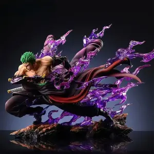 One Piece Roronoa Zoro Figure, Santoryu with Purple Haki/Aura Effects，Zoro Collectible Statue, Wano Arc Form with Dynamic Ghost Flame Aura，Epic Battle Pose with Transparent Purple Effects，Collectible for Fans & Display