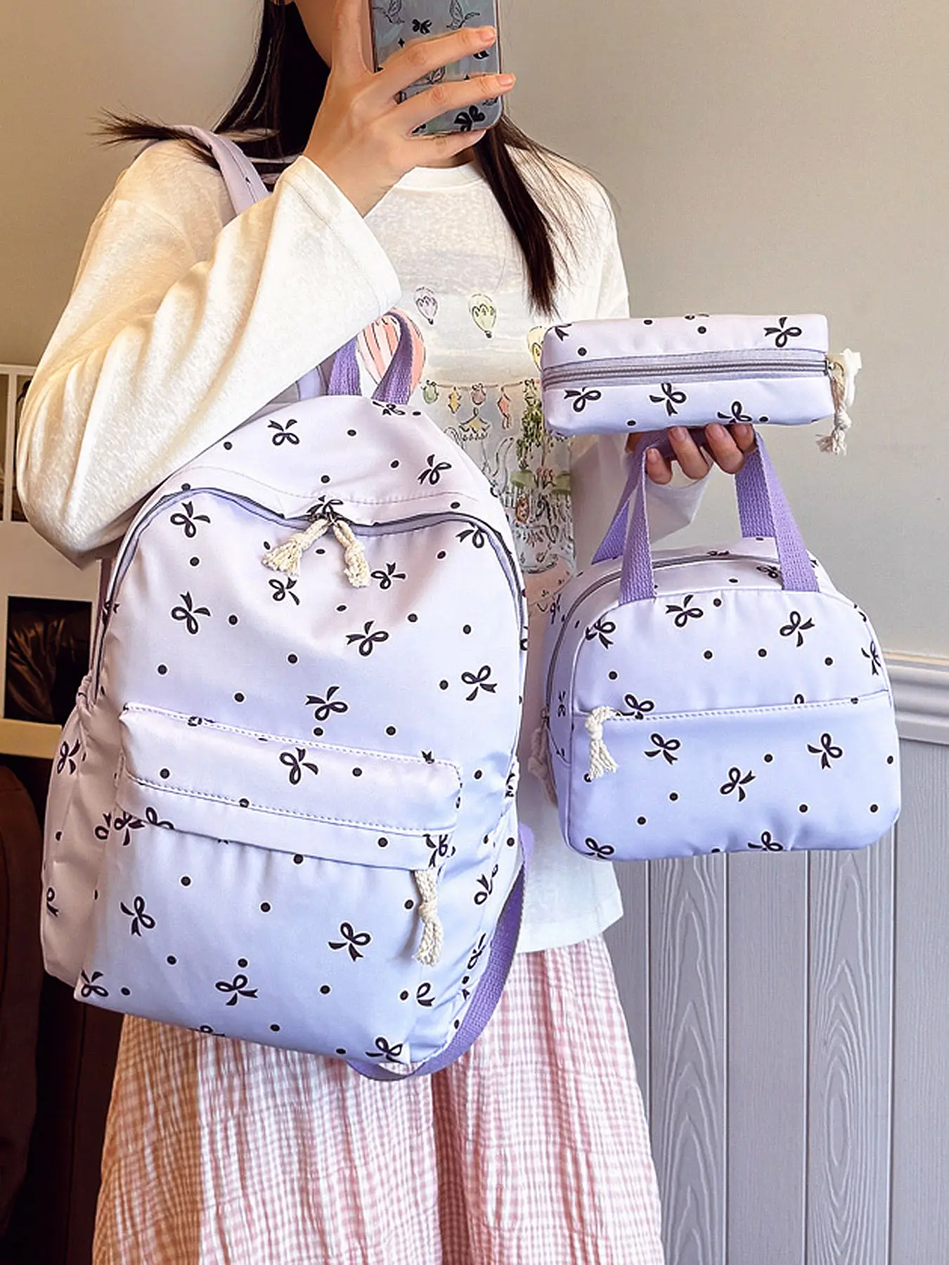 Sweet bow polka dot print three-piece set, Backpack plus purse combo, Cute stylish daypacks, casual backpack, handbag, pencil case, large capacity, multiple colors, suitable for students