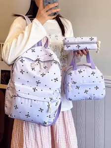 Sweet niche bow polka dot print three-piece set, Cute stylish daypacks, casual printed backpack, handbag and pencil case cute campus three-piece set, backpack with large capacity and multiple colors, suitable for students to attend classes, etc