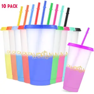 10pcs/24oz/710ml/Plastic Tumblers,Color Changing Cups With Lids And Straws,Iced Coffee Cups,Water Bottle,Drink Containers,Leakproof Straw Cup,Gold Design Ideal For Family And Friends Gatherings,Perfect For Birthday Christmas Parties