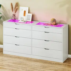 8 Drawer Dresser for Bedroom, White Dresser for Bedroom with LED, 55.1''W Chest of Drawers with Glass Top, Modern Double Wide Drawer Large Dresser for Bedroom, Living Room, Entryway