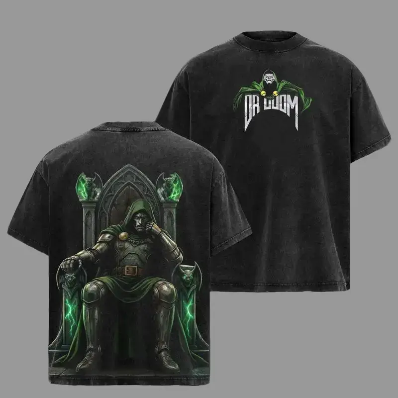 Dr.Doom "The Masked Tyrant" MCU Edition Double Printed Oversize Lightweight Acid Washed Tee TV Series Graphic Design Top Cotton Streetwear Comic Superheroes T-Shirt Clothes Menswear Womenswear Round Neck Black