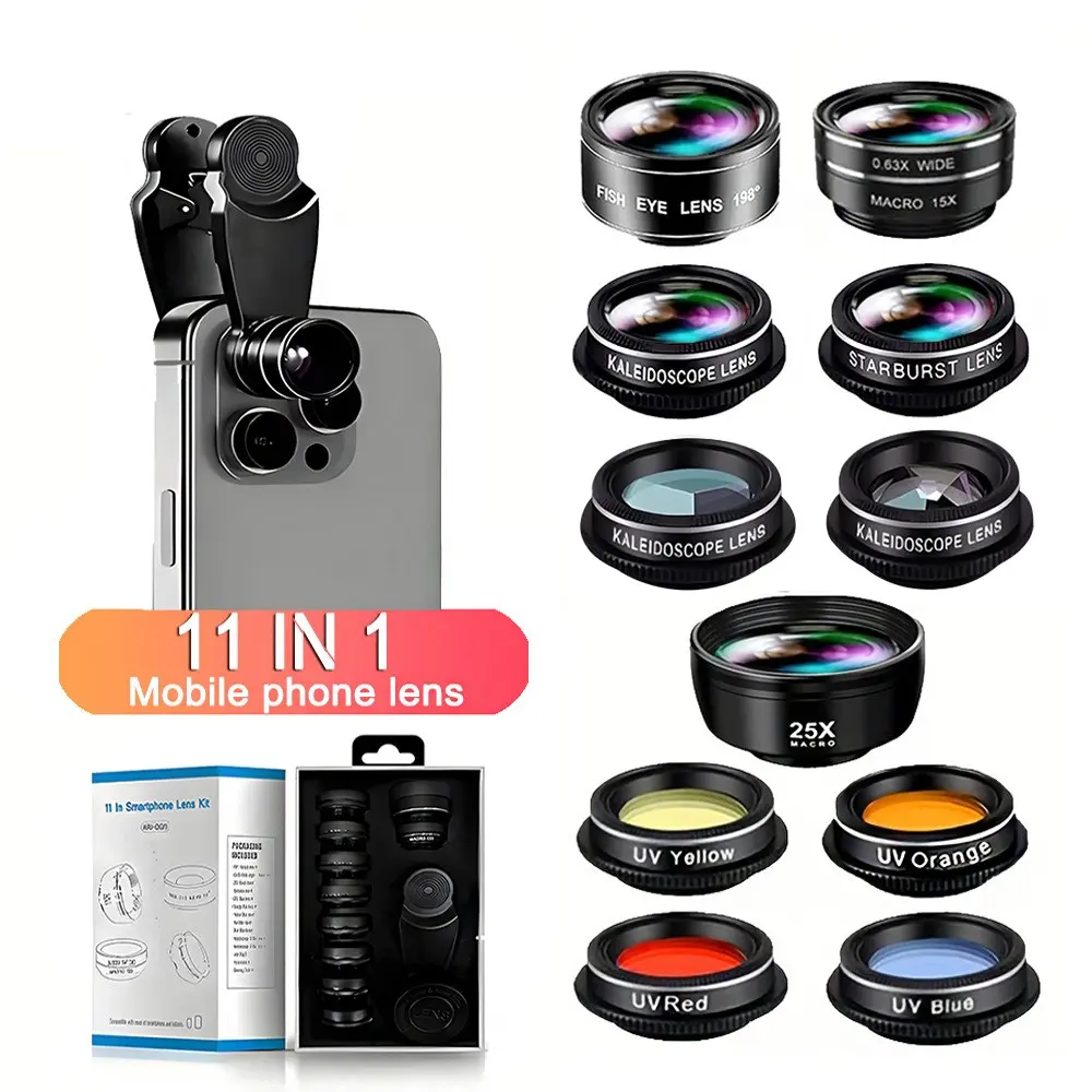 11-in-1 Mobile Lens Value Bundle - Wide-angle & Macro Lens, Fisheye Lens, Kaleidoscope Filter, Polarizing Filter, Color Filters, and More for iPhone and Android Phones - Smartphone Camera Accessories, Ideal for UGC Creators, Christmas Gift summerwins
