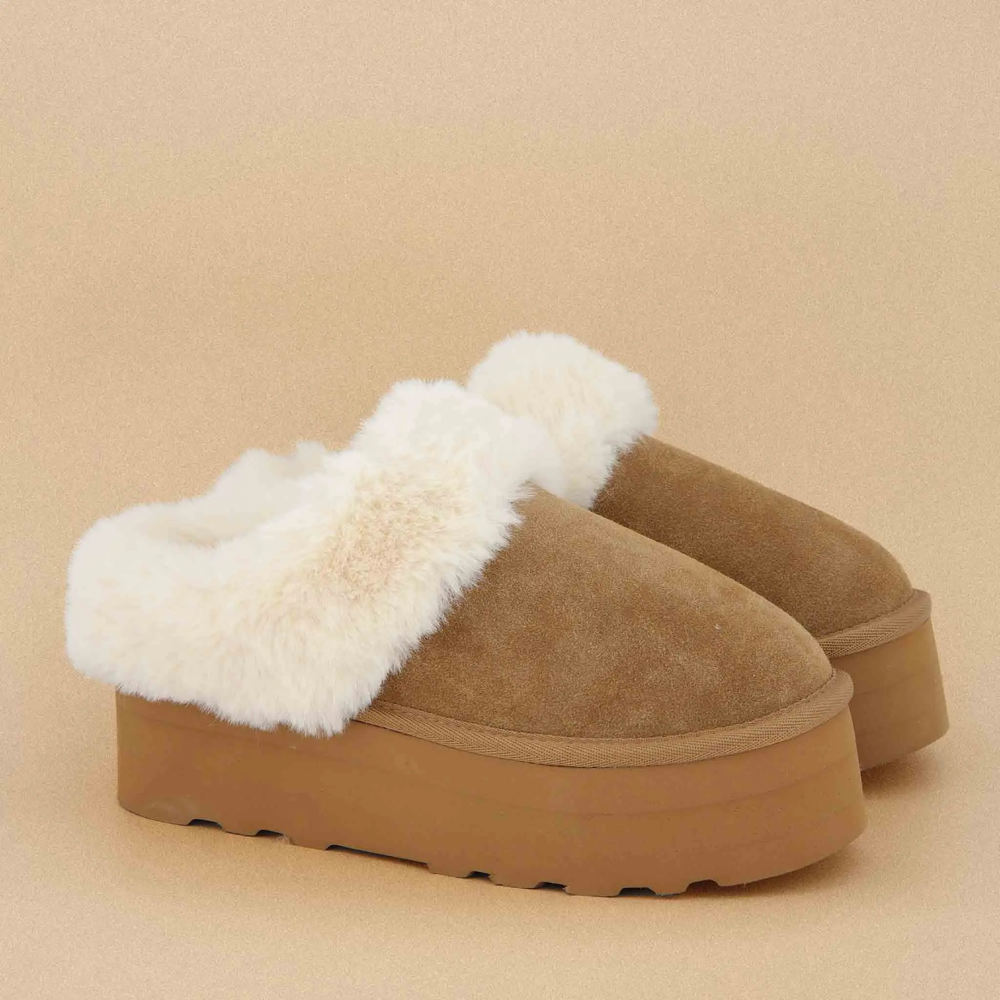 Cushionaire Women's Husky Suede Cozy Platform Mule | Genuine Suede, Faux Fur Lining, Memory Foam, Wide Widths | Fuzzy Platform Leather Slippers for Women
