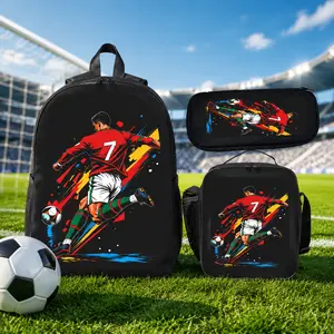 Unisex 17-Inch CR7 Football-Printed 3-Piece Set: Single-Layer Casual Daypack, Small Shoulder Bag, Pencil Bag - Lightweight Multifunctional Luggage for School-Travel (2026-2027)
